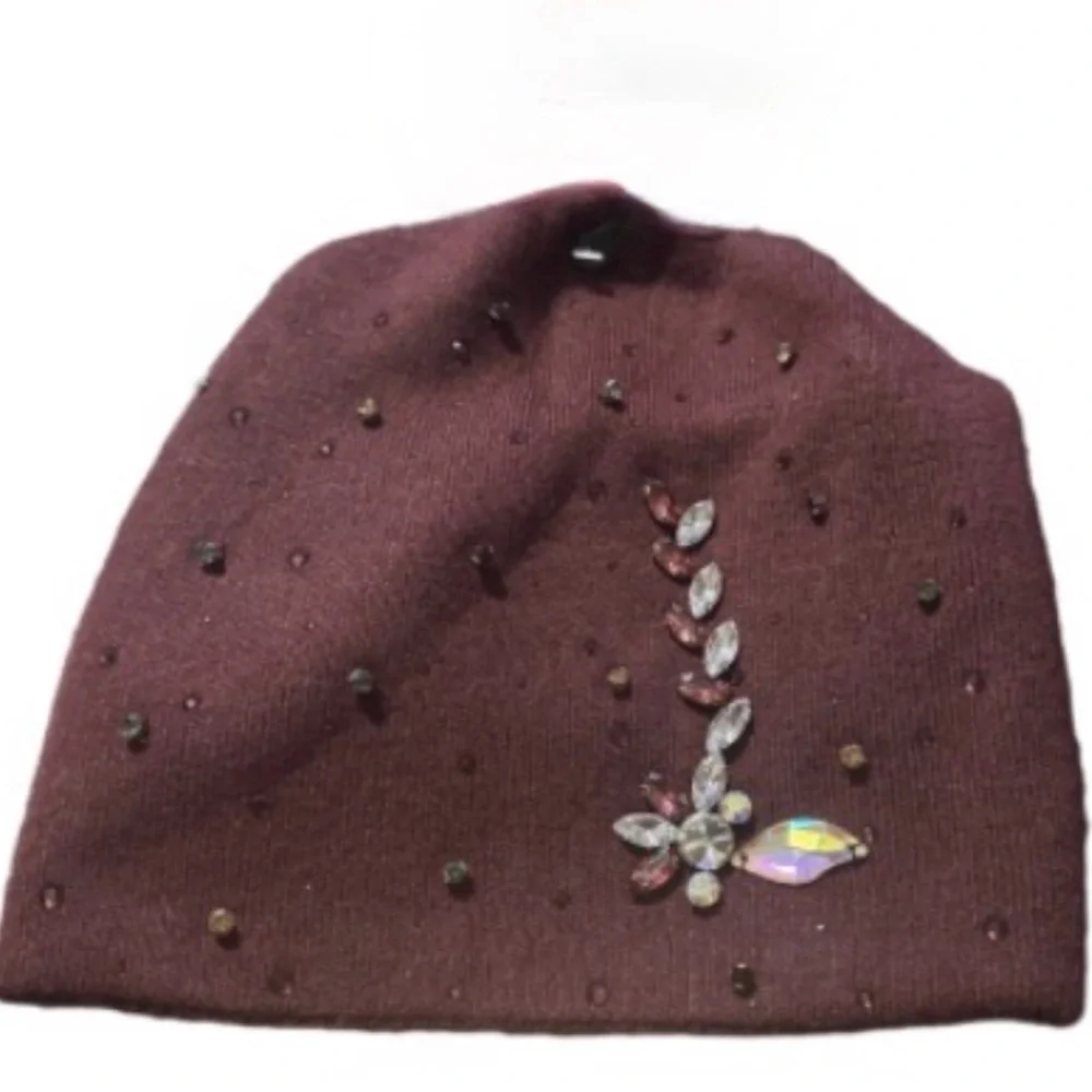 Wool blend  Burgundy Beanie with rhinestone Gem Details